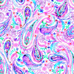 Watercolor marker paisley ornament seamless pattern in blue and purple. Oriental decorative background. Indian motif with abstract florals and curves. Boho design. Vintage textile © katyabogina