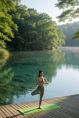 Fototapeta premium Young woman yoga on wooden pier by calm lake. Female yogi performs tree pose on green mat near forest. Peaceful nature landscape with clear water, green trees provides perfect place for meditation,