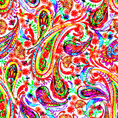 Watercolor marker paisley ornament seamless pattern in red and purple. Oriental decorative background. Indian motif with abstract florals and curves. Boho design. Vintage textile © katyabogina