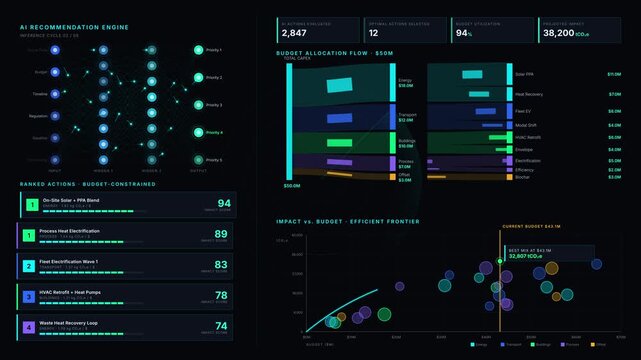 Experience an advanced AI decarbonization planning dashboard, showcasing real-time recommendations for impactful actions within budget constraints in a sleek dark aesthetic.