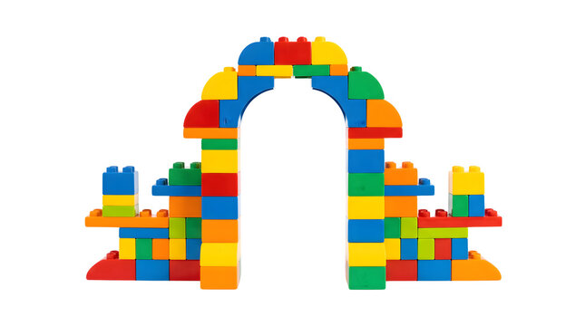 Colorful toy building blocks archway isolated on white background, primary plastic interlocking bricks arch structure for kids childhood creative development