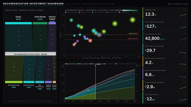 A dark mode decarbonization investment dashboard visualizes capital deployed, emissions avoided, and financial returns with animated data flows and glowing metrics in a seamless loop.