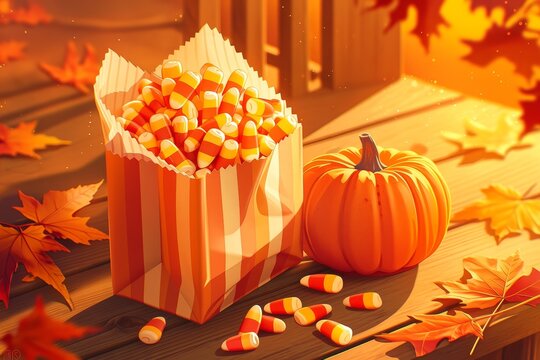 Paper bag filled with candy corn beside orange pumpkin on wooden porch with autumn maple leaves. Digital illustration of classic fall sweets. Halloween candy and autumn harvest concept.