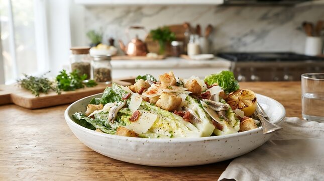 Fresh Caesar Salad with Anchovies and Croutons in a Bowl Caesar salad, romaine lettuce