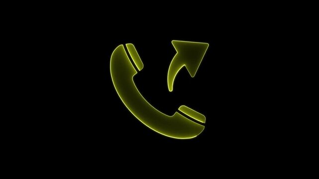 Neon yellow telephone handset icon with outgoing arrow glows against black background in dynamic motion design footage.
