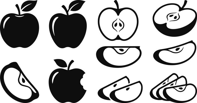 Black silhouette apple fruit icons collection with whole apples and slices