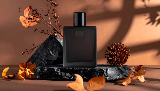 Dark Moody Luxury Autumn Fragrance: Mysterious luxury dark square glass perfume bottle showcasing elegant fragrance on stone