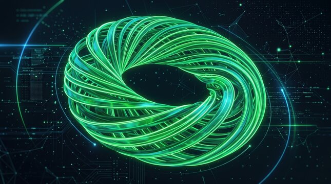 Glowing green infinity loop light trails over digital network circuit background with connected nodes and data connection lines for technology and data visualization concepts