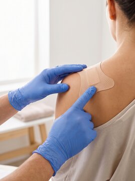 Doctor applying adhesive patch to patient shoulder with blue gloves, medical treatment and healthcare concept