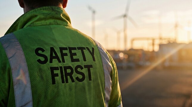 Worker in green high-visibility vest seen from behind at sunset with wind turbines, renewable energy workplace safety concept