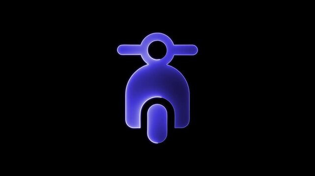 Neon blue scooter icon pulsing on dark black background represents modern urban mobility and sustainable city transport.