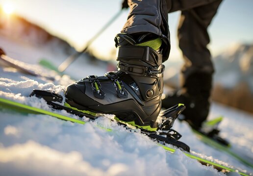 Ski boots clipped into bindings on a snowy slope