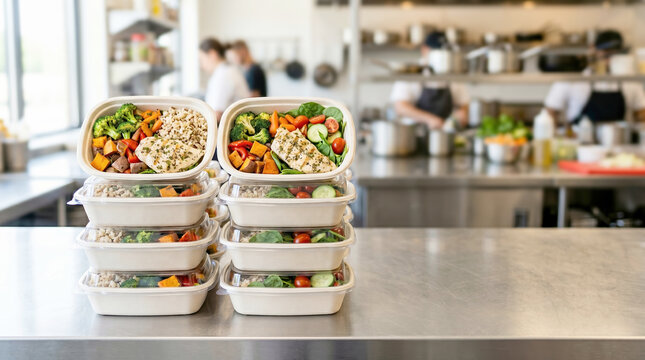 Stacked meal prep containers with grilled chicken and vegetables on steel counter in commercial kitchen, food delivery concept