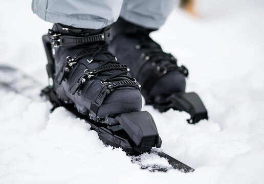 Black ski boots and skis resting in powder snow