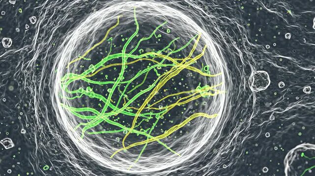 Cell nucleus with a clearly defined nuclear membrane, several tiny molecular particles slowly passing near the membrane surface
