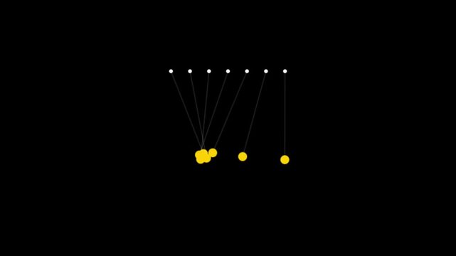 Yellow newtons cradle pendulum balls swinging on black background