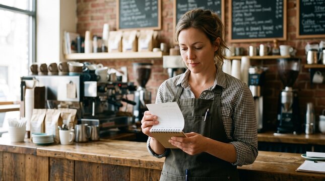 Small caf&eacute; owner checking a handwritten-looking blank order pad, hospitality business concept, no readable text