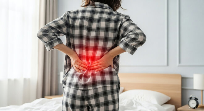 Woman Suffering from Lower Back Pain in Bedroom Holding Aching Back