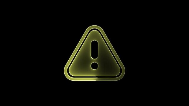 Warning sign digital glow animation on black background showing important alert message security notification motion footage.