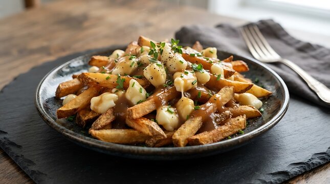 Poutine with Cheese Curds and Gravy on a Plate stock