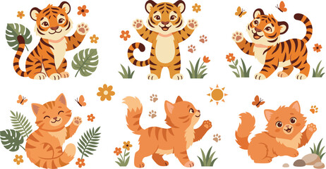 Fototapeta premium Cute Tiger and Cat Character Collection with Playful Poses, Tropical Leaves, Flowers, Butterflies and Wildlife Elements for Children's Illustration Design