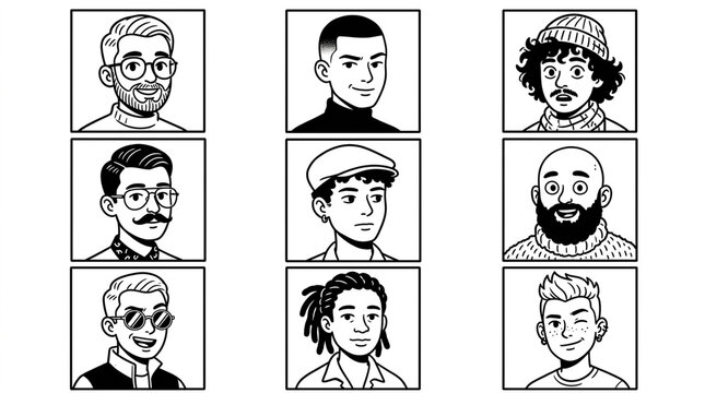 Diverse Men Avatar Portraits Line Art Grid Vector Illustration