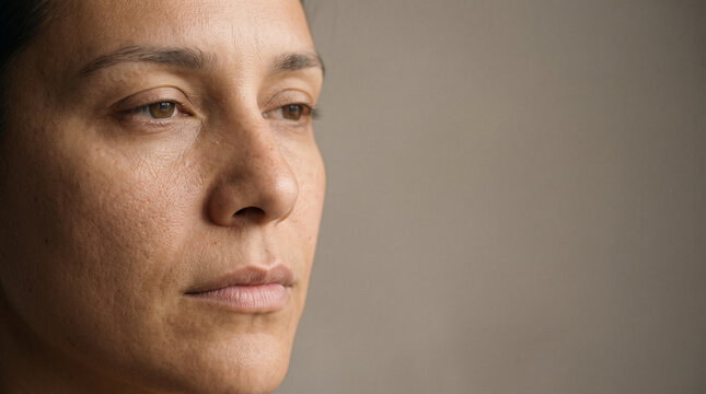 Partial neutral adult face with level eyebrows and relaxed closed lips, ambiguous facial configuration, no clear expression, cropped face, copy space 