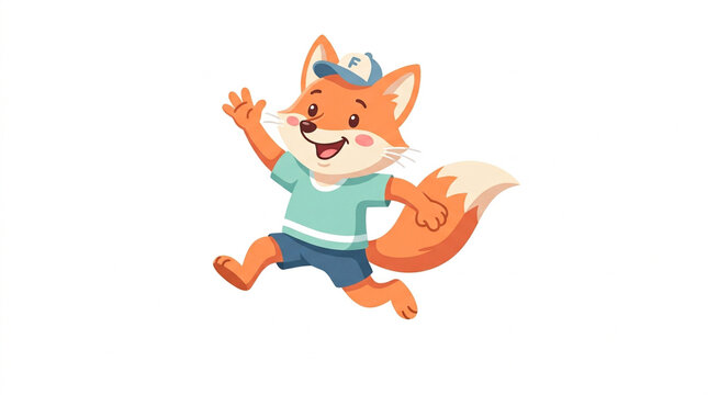 Cute Fox Character Running and Waving Vector Illustration