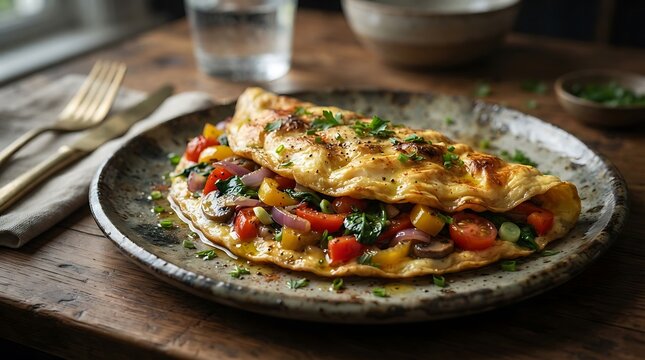 Vegetable omelette with fresh herbs on a rustic plate