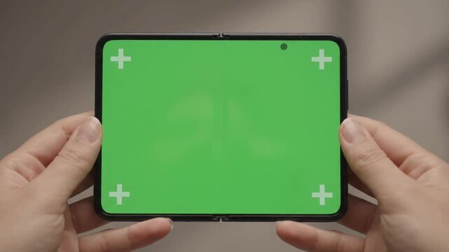 A person holding an innovative folding device displaying a vibrant green screen for custom digital content integration and interactive mobile communication purposes during daily indoor activities