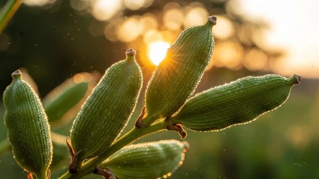Closeup of green seed pods with dewdrops backlit by a warm sunset. macro plant detail with glowing rimlight, bokeh, and gentle motion in golden hour.