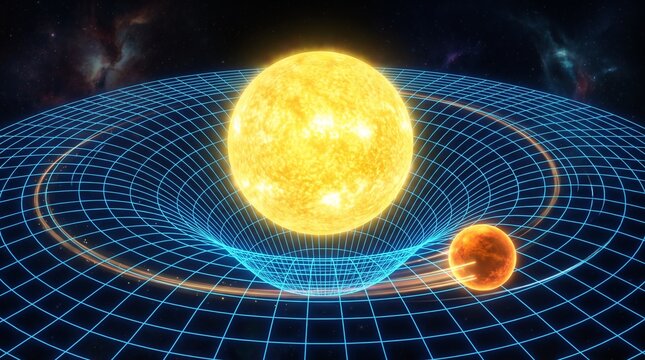 Bright yellow sun and planet orbiting in a blue glowing gravitational