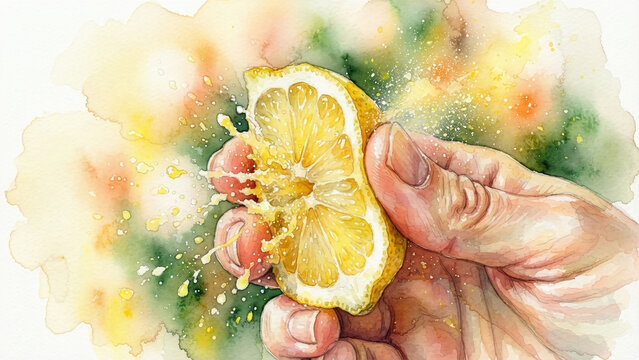 Watercolor painting illustration of a close-up of a hand squeezing a fresh lemon slice, with vibrant juice splashes and droplets on an artistic colorful background.