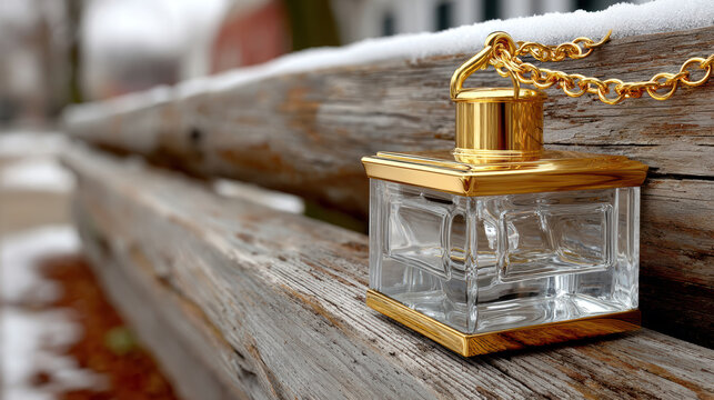 Square crystal and gold perfume bottle lantern resting on weathered wooden fence railing with chain and snow for luxury rustic product mockup and seasonal marketing image