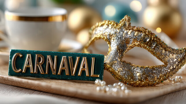 Carnaval celebration composition with ornate gold mask, glittered lettering and decorative beads for festival event promotion, party invitations, cultural feature and carnival branding materials
