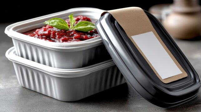 Stackable meal prep container mockup for healthy meal delivery services, food photography and subscription box marketing showing two sealed trays with sauce garnish and blank label
