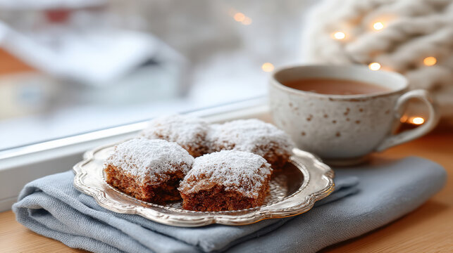 Homemade powdered brownies dusted with sugar on silver tray with cup of tea for cozy morning breakfast background and winter dessert banner design