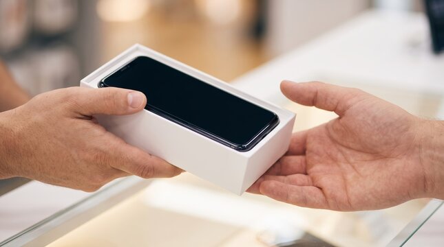 Close up of a retail shop assistant hands giving a white box with a new modern blank smartphone to a customer over a glass counter, concept of buying mobile device, technology upgrade, and electronics