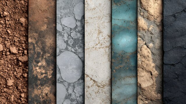 Diverse natural and industrial surfaces arranged as textured samples 