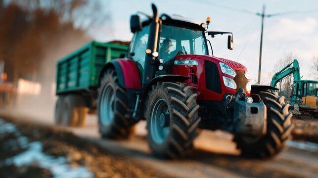 Red tractor hauling crushed rock along dusty construction access road for heavy equipment background and rural worksite banner