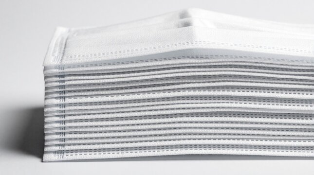Stack of clean white disposable medical face masks. Neatly arranged surgical masks pile for hygiene, health protection. Large group of protective respiratory equipment ready for use in hospital