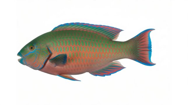Side profile shot of a vibrant colorful parrotfish with iridescent green scales, turquoise facial stripes, and coral-pink accents swimming smoothly across a solid pure white background