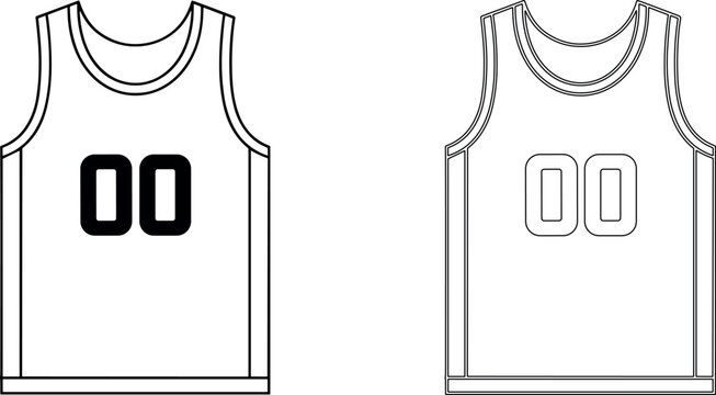 Professional basketball jersey outline icons with number zero zero on white background for minimalist sports apparel design.