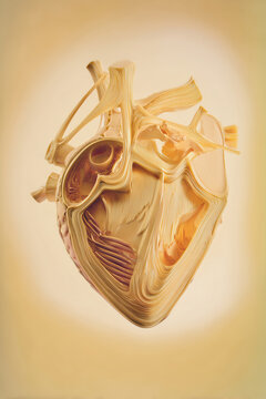 Cardiac valve cusp cutaway with leaflets and chordae in warm amber gold tones on cream background