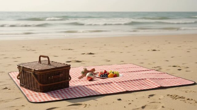 Person Lifts the Edge of a Checkered Picnic Blanket on a Sandy Beach