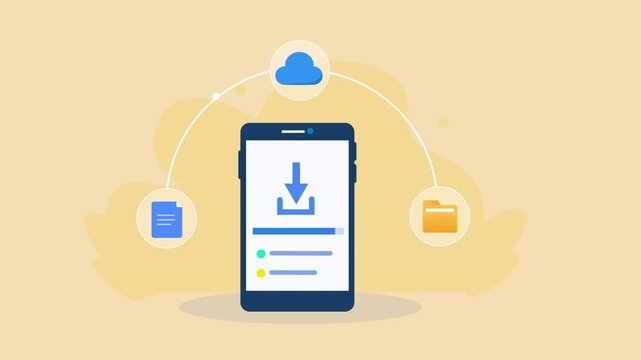 Flat vector animation showing a smartphone with a cloud download interface connected to document and folder icons for mobile file transfer and digital storage.
