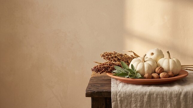 Sophisticated Thanksgiving holiday banner with artisanal harvest arrangement featuring heirloom white squash, fresh sage, and raw walnuts on terracotta plate with copy space  