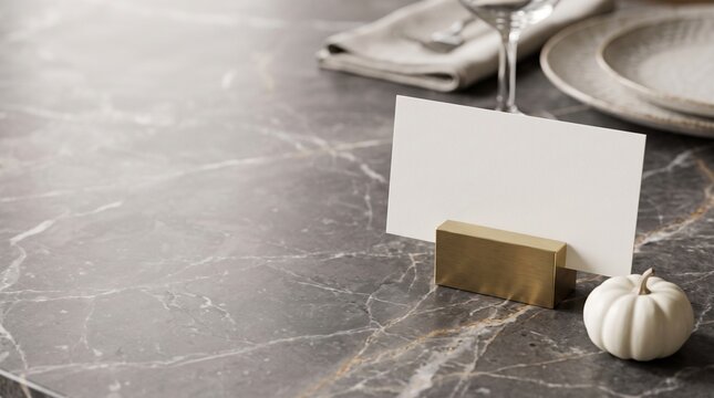Sophisticated Thanksgiving place card mockup banner with blank card in brass holder and white pumpkin on dark marble tabletop with generous copy space   