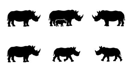 Rhino silhouettes set with adult and baby animals, wild mammals for nature logos © Sahin