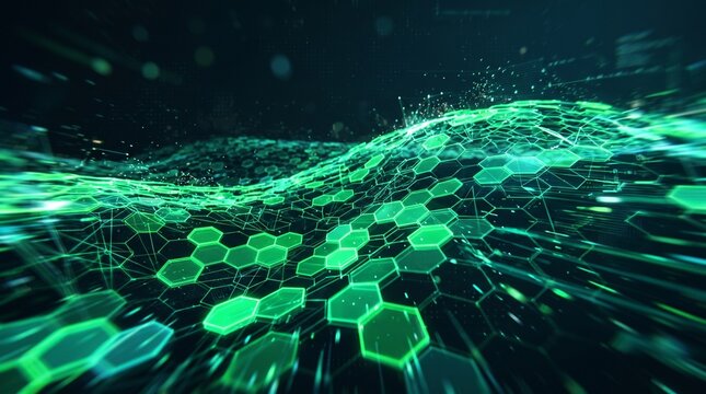 Glowing green hexagonal grid pulsating in dark digital void for futuristic technology network background